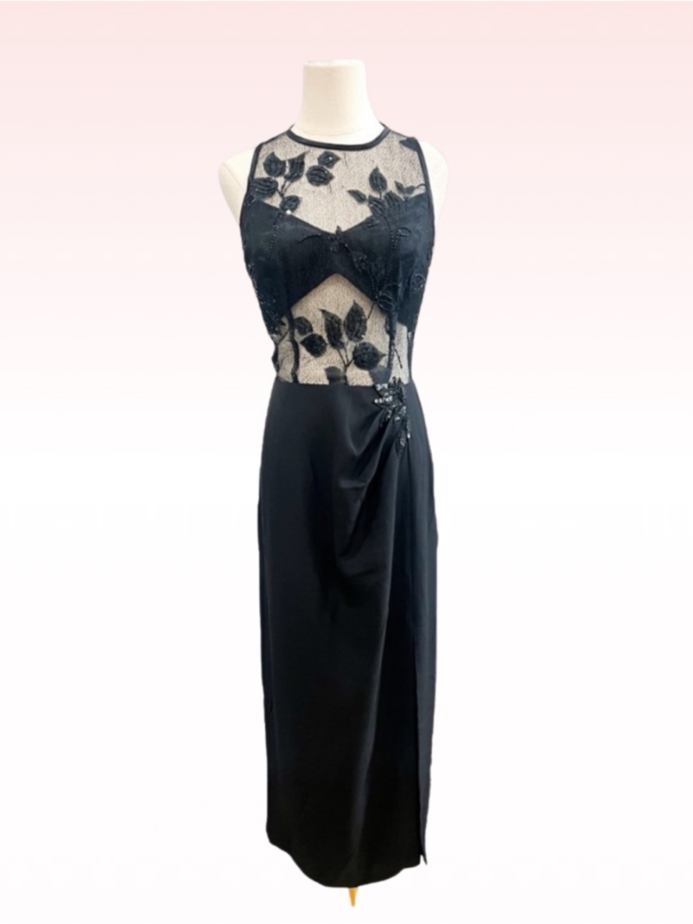 Vintage TOOTSIES Sheer Embroidered Black Satin Dress (Sz 4)